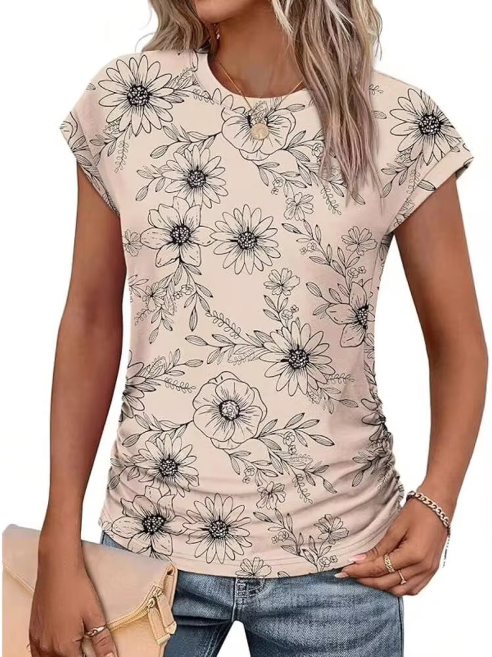 Sampeel size XL Floral Ruched Short sleeve Top Shirt light pink & black